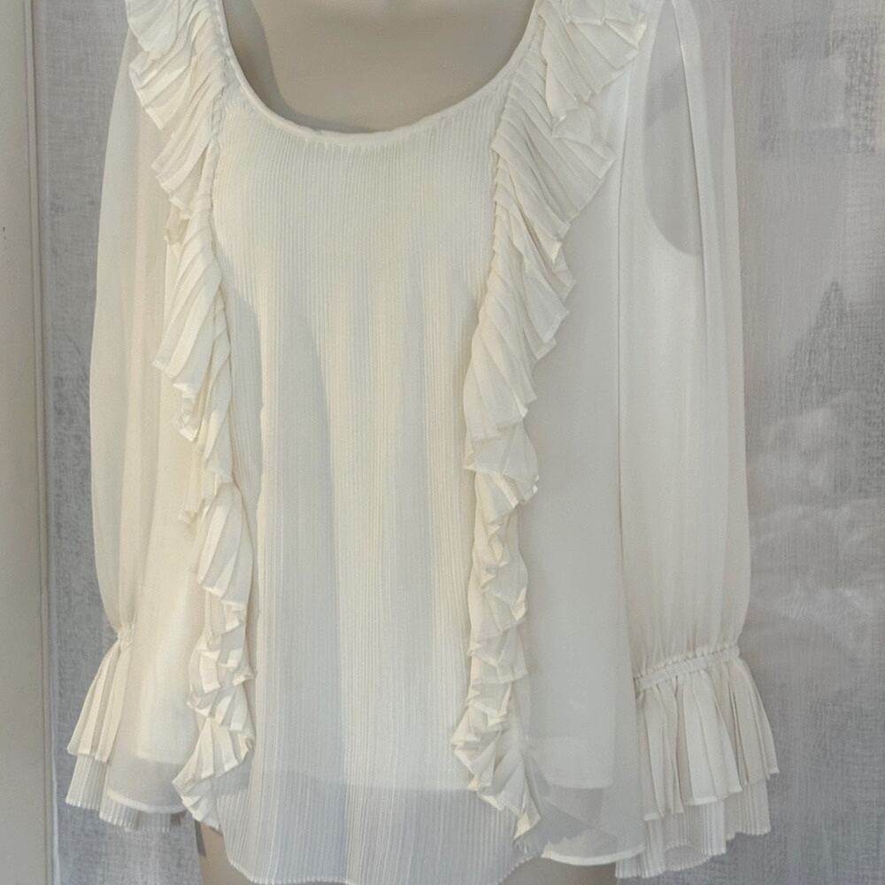 Chetta B Sheer Long Sleeve Chiffon Ruffle Blouse- Feminine Romantic Cream Size 8